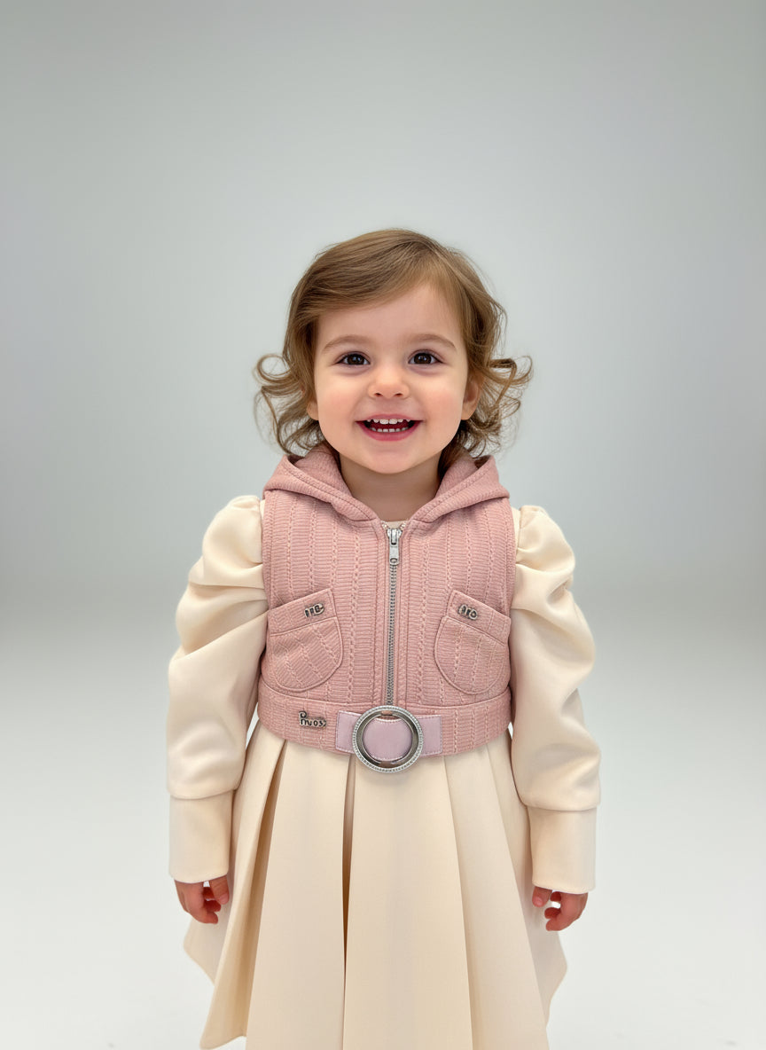 cream dress with pink over coat hoodie