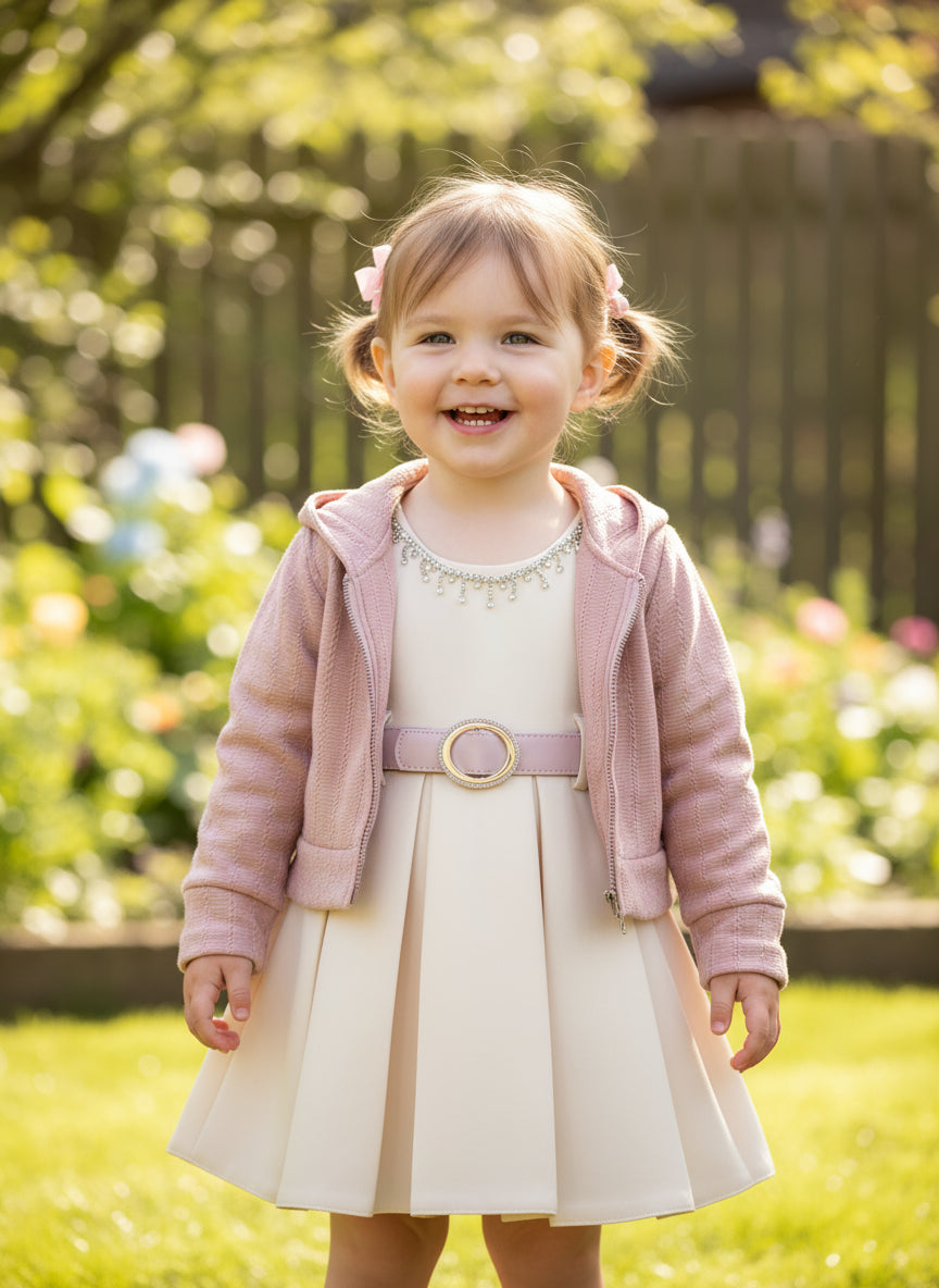cream dress with pink over coat hoodie