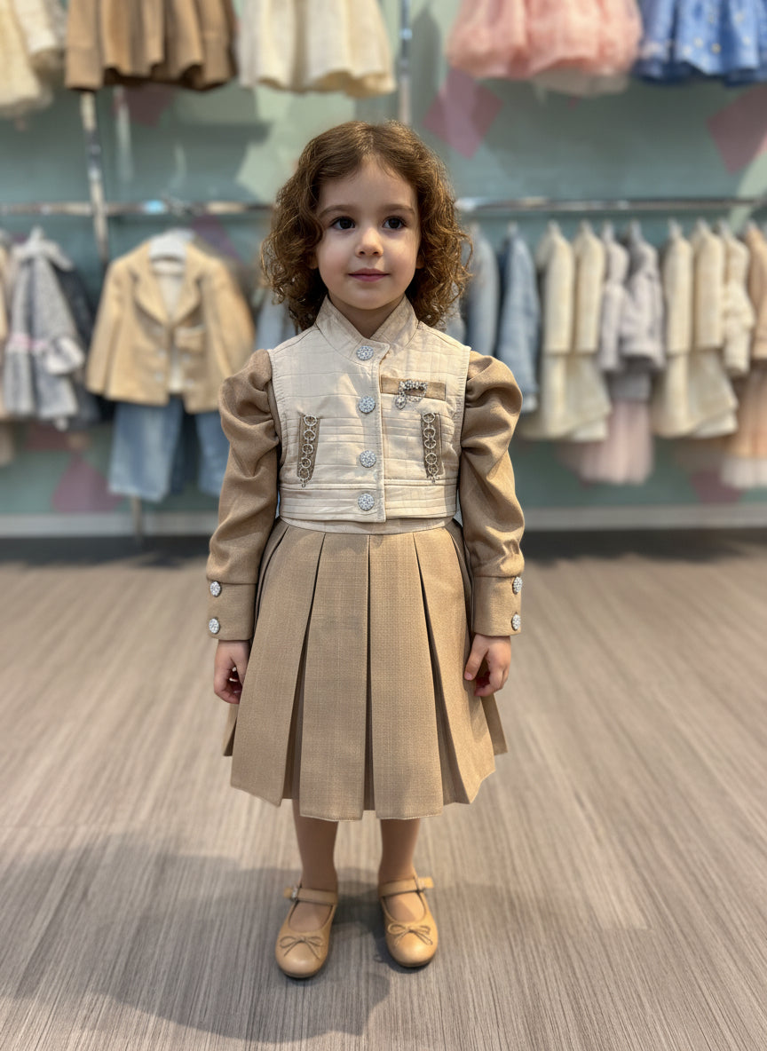 brown full sleeve dress with cream gillet