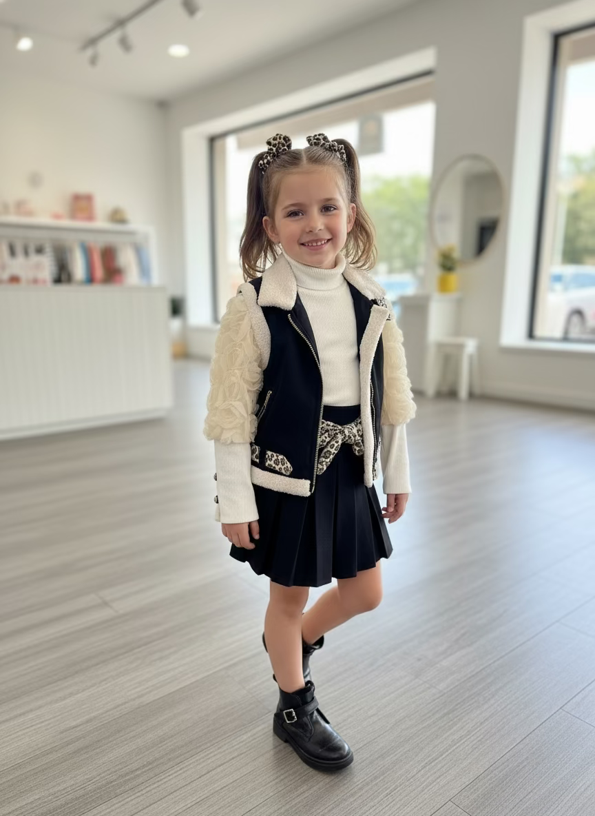 black gillet top skirt set