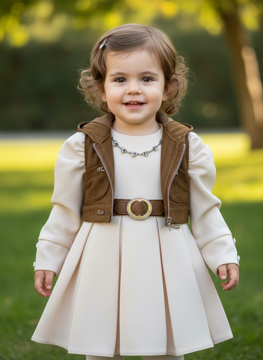 cream dress with brown overcoat with hoodie