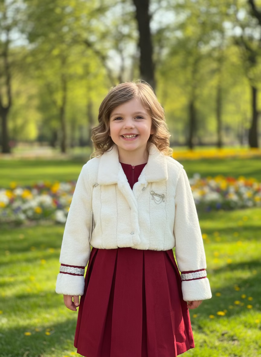 red dress with wool fur coat