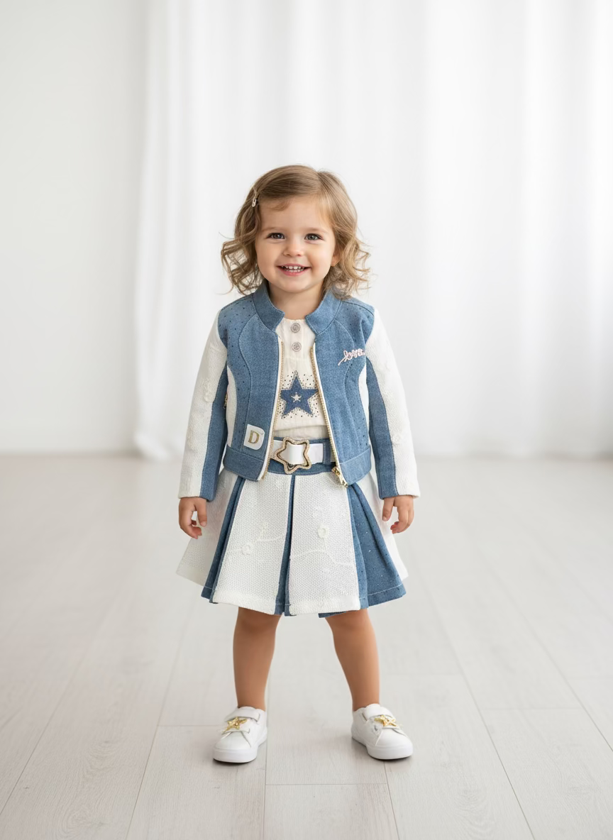 Child wearing a denim vest and white outfit with a star design on a light background