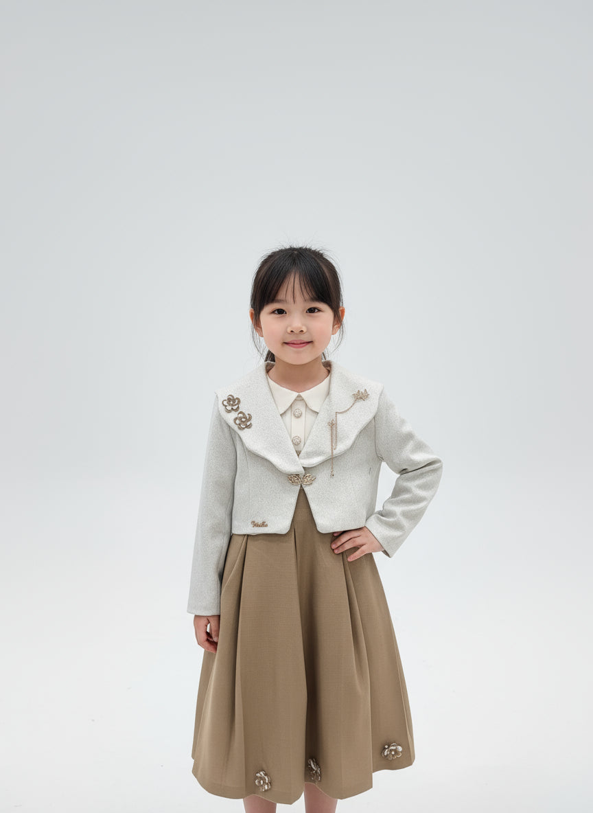 brown smocked dress with overcoat