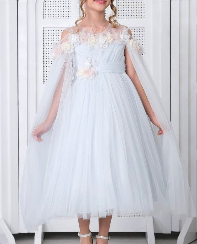 Blue Flower Girl Dress with Mantilla Veil