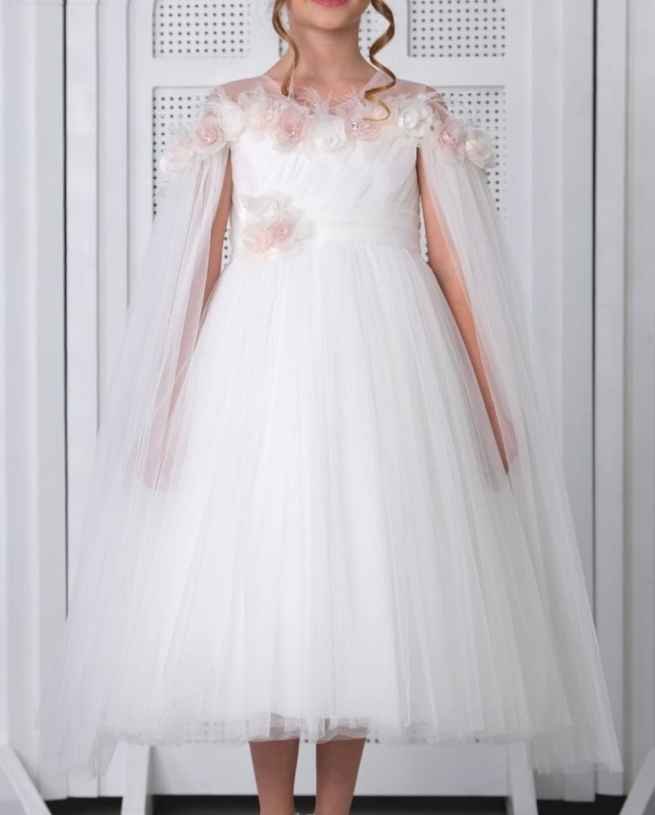 White Flower Girl Dress with Mantilla Veil