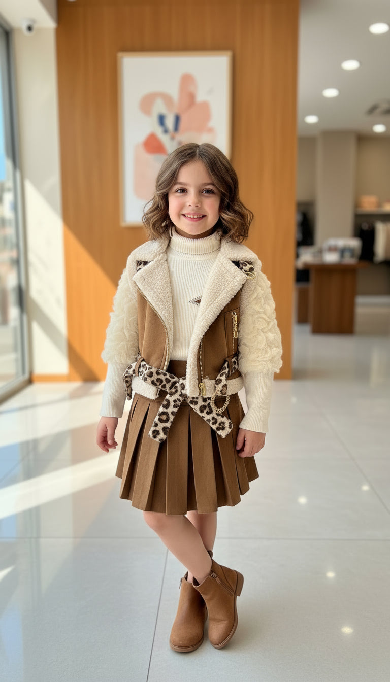 brown top gillet and skirt set
