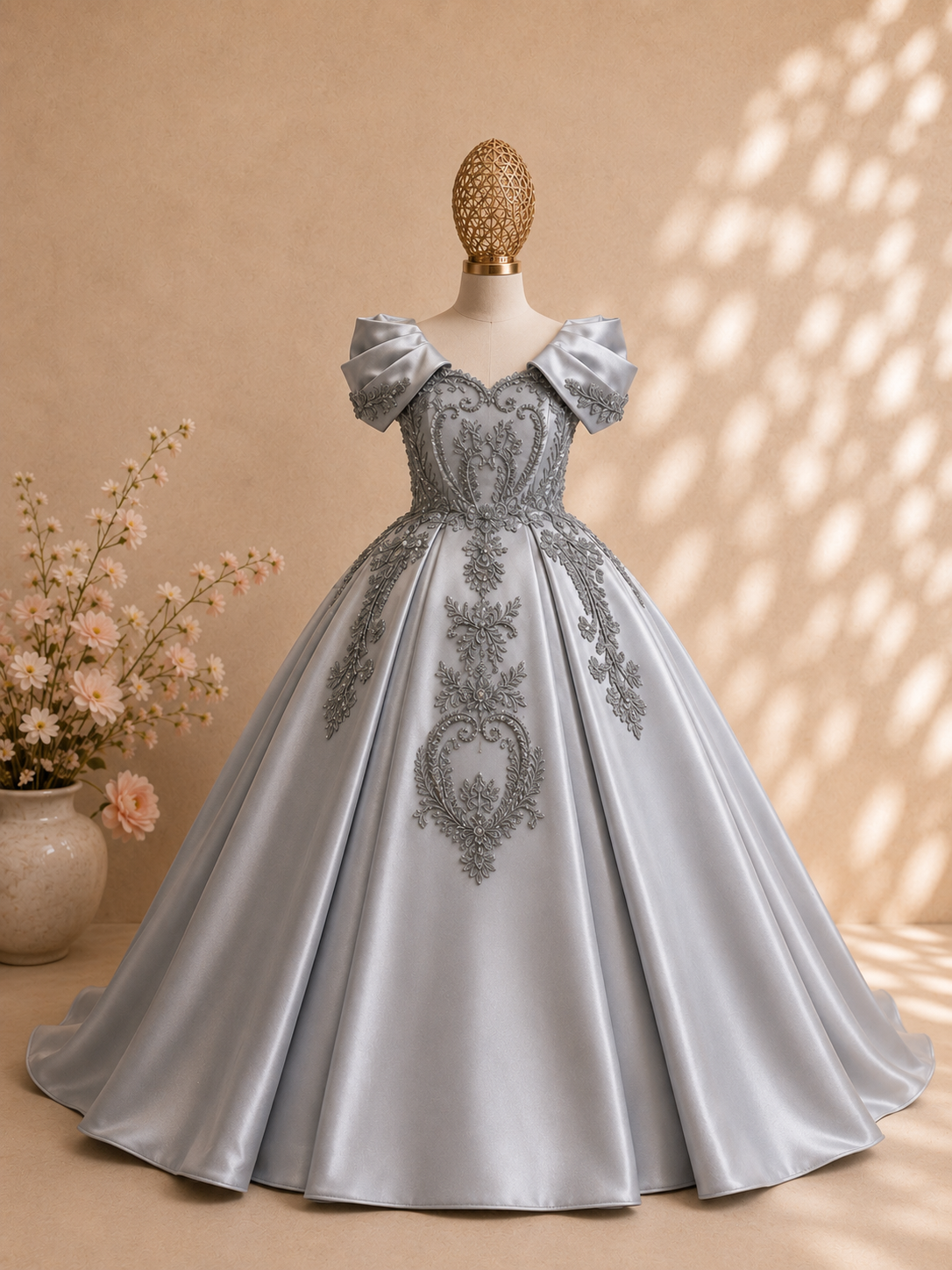 A light silver ball gown with silver-gray floral embroidery and puffed sleeves, displayed on a mannequin against a warm beige background with decorative flowers and soft window shadow patterns.