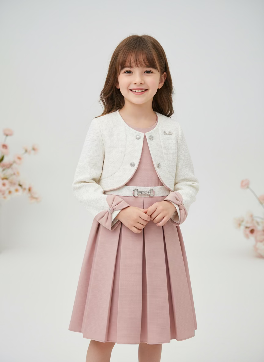 pink dress with white overcoat bow